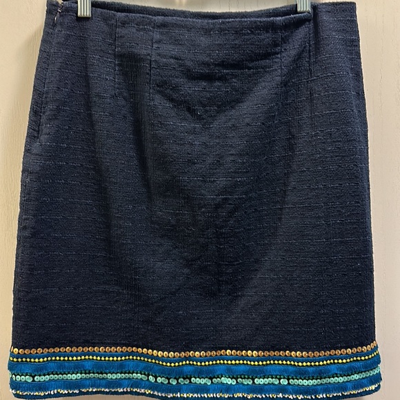 Talbots Womens Pencil Skirt SZ 8 Navy Blue Sequin Fringe Embellished Knee Length - Picture 2 of 13